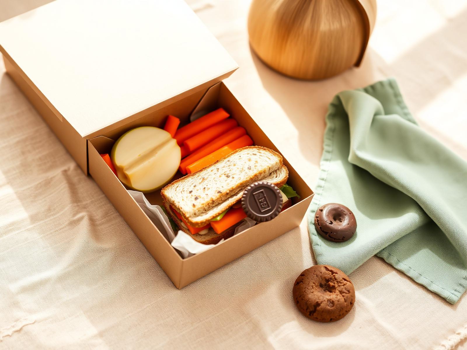 A wholesome school lunch in a kraft box with a sage napkin